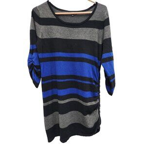 Kasota Rose Womens Striped Ruched Sweater Dress Large Blue Black Side Zip Tunic